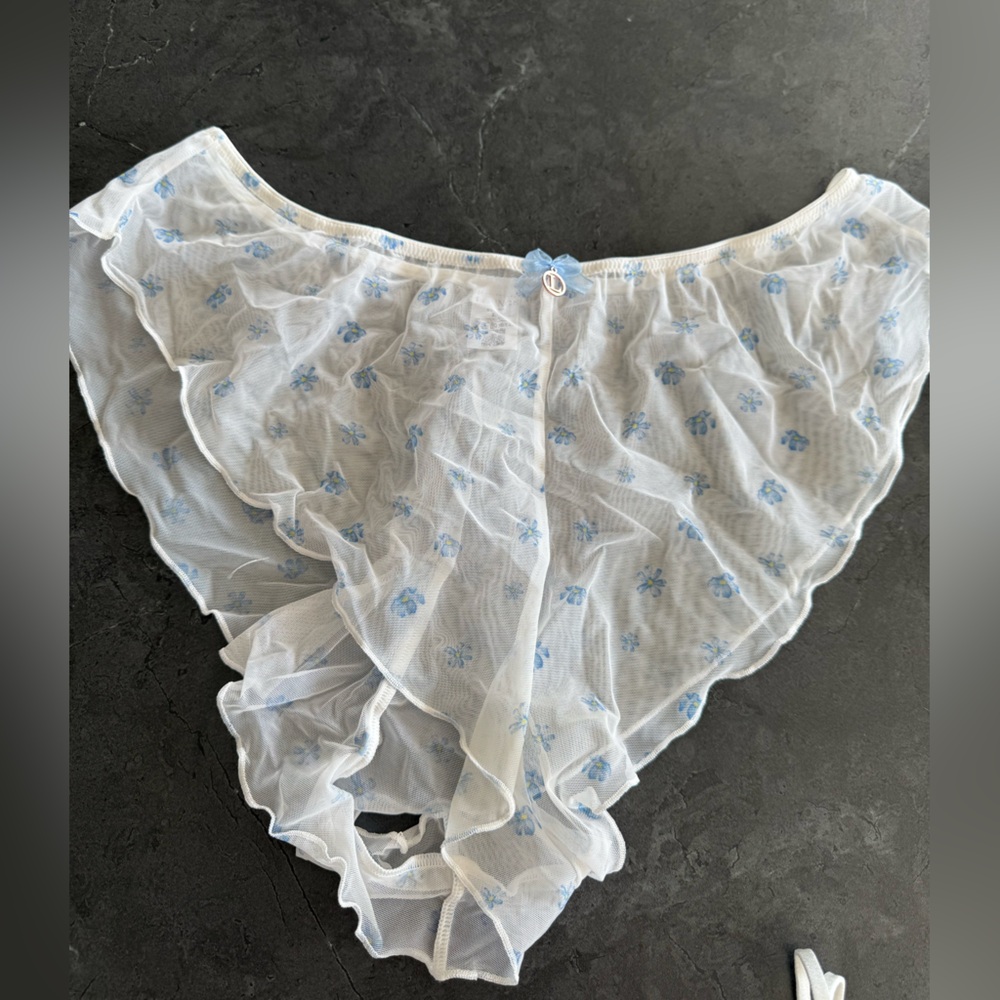 Lounge Sheer White and Blue Lingerie Cheeky Bottoms Set